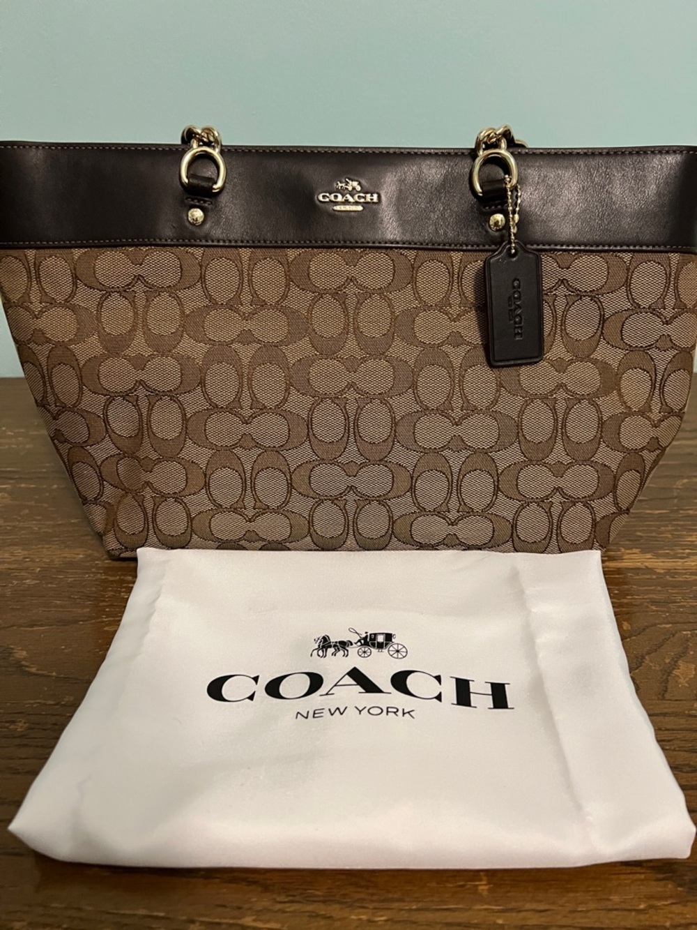 COACH Signature Canvas Tote in Brown with Dark Brown Trim